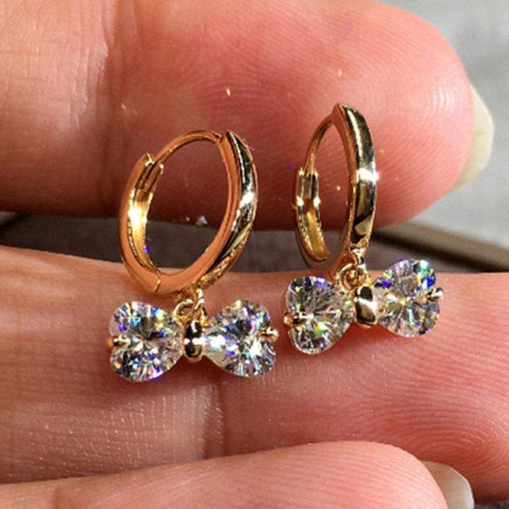 💞18K Gold Hoop Huggies Exquisite Crystal Bowknot DropUNVN12488